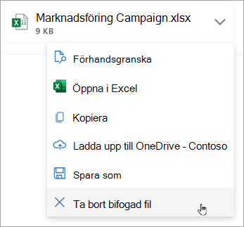 Välj nedåtpilen bredvid den bifogade filen och välj sedan Ta bort bifogad fil