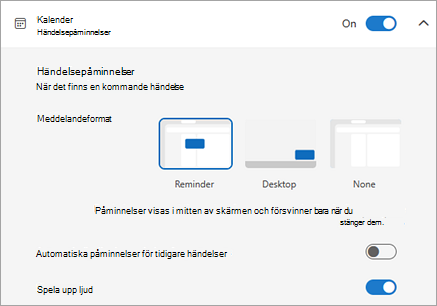 Skärmbild av inställningarna för Calendar händelsepåminnelse