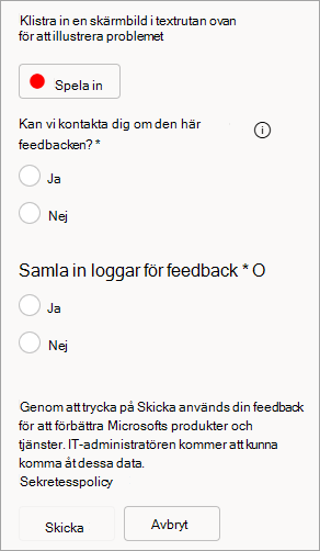 Skärmbild som visar alternativ för att tillåta kontakt och skicka loggar när du skickar feedback