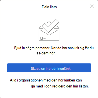 När du väljer Dela lista skapar To Do en inbjudningslänk som ska skickas till andra.
