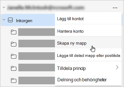 Skärmbild av Skapa ny mapp markerad på menyn Fler alternativ i mappfönstret