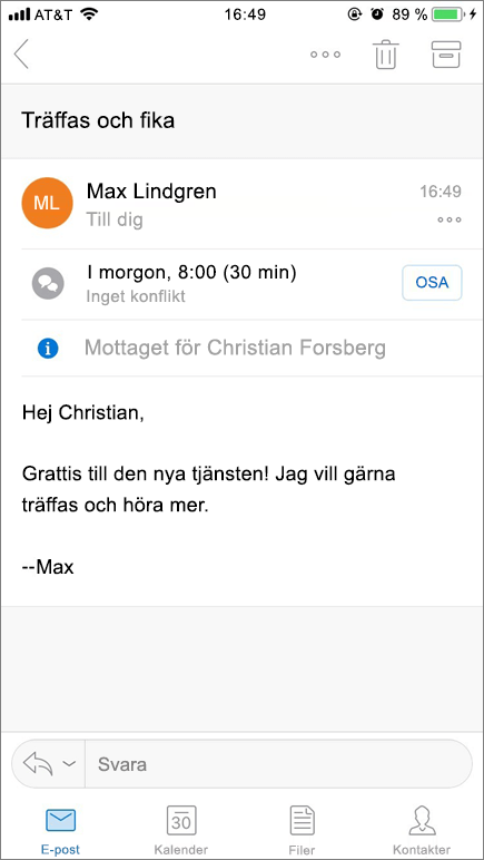 Skärmbild som visar skärmen på en mobil enhet med e-postobjekt.