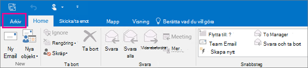 Så här ser menyfliksområdet ut i Outlook 2016.