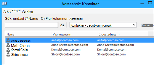 När dina kontakter importeras från Google Gmail till Office 365 visas de i adressboken: Kontakter
