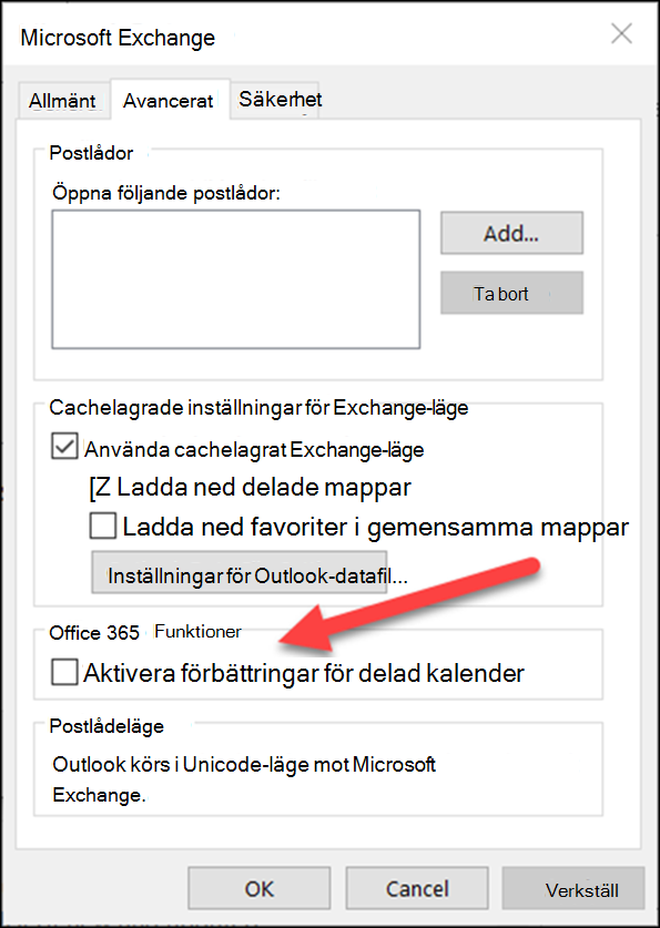 Du kan aktivera förbättringar av den delade kalendern med en kryssruta.