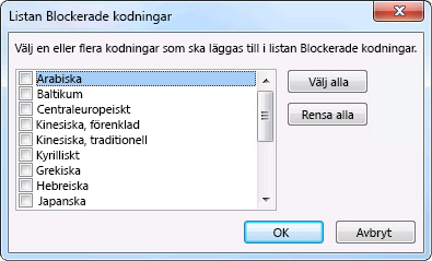 Dialogrutan Listan Blockerade kodningar