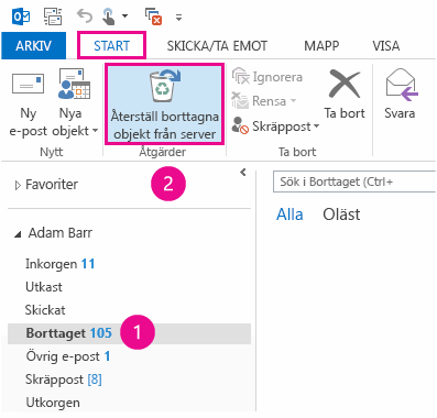 Välj mappen Borttaget och klicka på Återskapa objekt från servern