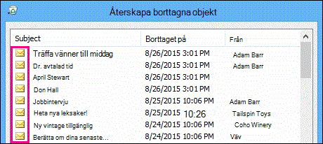 Alla objekttyper har samma ikon i mappen för permanent borttagen e-post