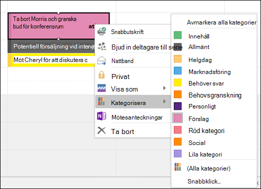 Du kan högerklicka på en avtalad tid och tilldela en kategori.