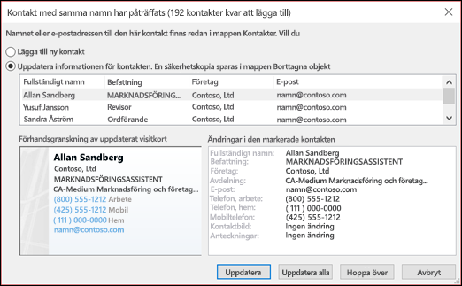 Välj vad du vill göra med dubblettkontakter.
