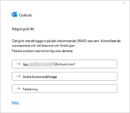 Skärmbild av något gick fel när du lägger till ett iCloud-konto