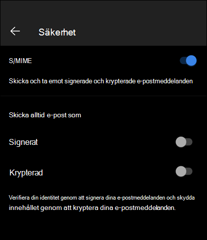 Säkerhetsskärmen i Outlook Mobile med S/MIME aktiverat och tillgängliga alternativ för signerade och krypterade.