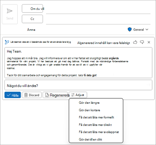 Visar den klassiska e-postsidan i Outlook med ett Copilot-utkast och alternativen Justera visas.
