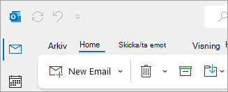 Skärmbild av det klassiska Menyfliksområdet i Outlook som innehåller Arkiv i flikalternativen.