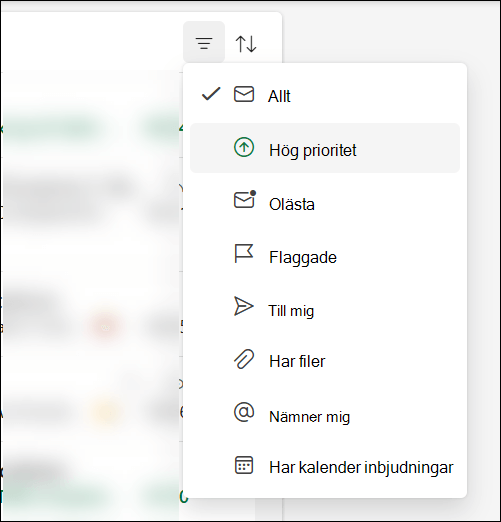 Meddelandefiltermenyn i Outlook som visar att Hög prioritet är ett alternativ.