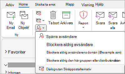 Skärmbild som visar listrutan Spärra avsändare med Alternativ för skräppost markerat