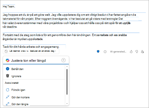 Visar sidan Ny Outlook-e-post med ett utkast som skapats av Outlook. Under utkastet finns alternativ för att behålla, ta bort eller ändra utkastet.