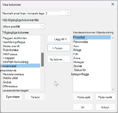 Vyinställningar för kolumner i Outlook
