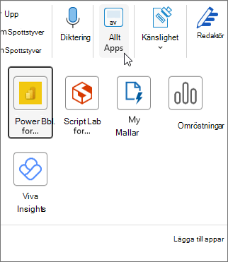 Den utfällbara menyn Alla appar i Outlook för Windows.