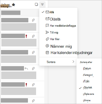 En skärmbild av filtermenyn med Sortera efter markerat