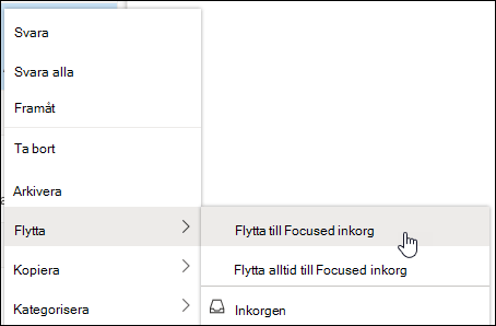 En skärmbild som visar snabbmenyn med alternativen Flytta till Prioriterad inkorg och Flytta alltid till Prioriterad inkorg.