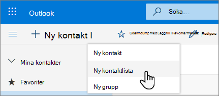 En skärmbild av menyn Ny kontakt med Ny kontaktlista markerad