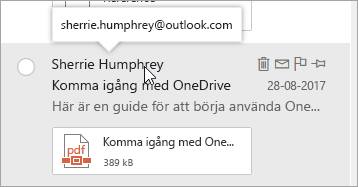 En skärmbild av markören som hovrar över ett avsändares namn