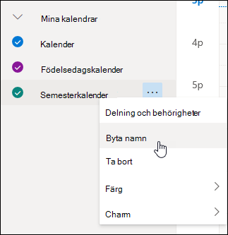 En skärmbild av kalendermenyn med namnbyte markerat.