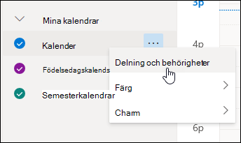 En skärmbild av markören som svävar över Delning och behörigheter i snabbmenyn för kalendern