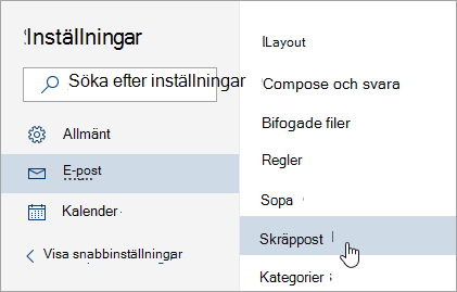 En skärmbild av menyn Inställningar med markerade Skräppostmappen