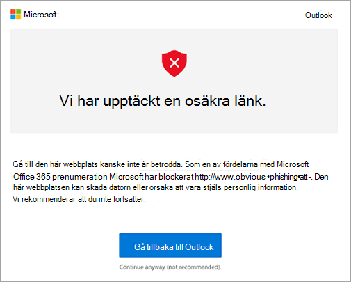 En skärmbild av varningsskärmen för osäker länk