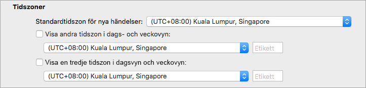 Visar andra och tredje tidszonen i inställningar för Calendar