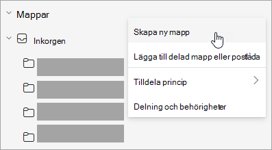 Skärmbild av Skapa ny mapp markerad på menyn Fler alternativ i mappfönstret