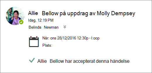 En skärmbild av en mötesinbjudan som accepterats av ett ombud.
