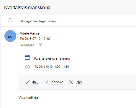 En skärmbild av en mötesinbjudan som skickats till ett ombud