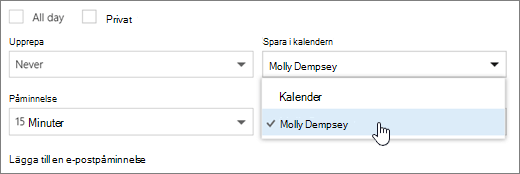 En skärmbild av menyn Spara i kalendern.