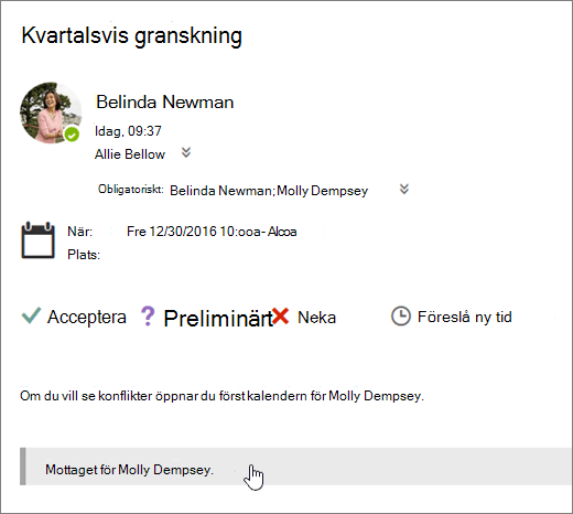En skärmbild av en mötesinbjudan som skickats till en delad kalender.