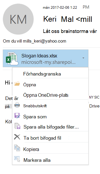 Välj listrutepilen till höger om ikonen för den bifogade filen för att visa Bifogade filer-menyn.