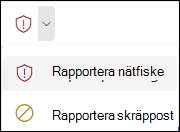 Skärmbild av knappen Rapportera med Rapportera nätfiske markerat i det förenklade menyfliksområdet i Outlook på webben.