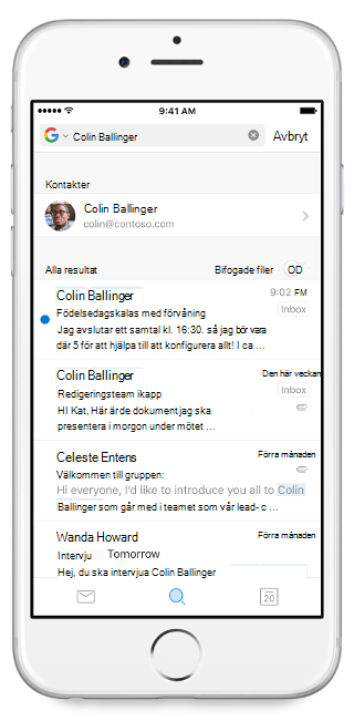 Visar en mobilskärm med sökfältet högst upp och ett namn skrivs in i det. Sökresultaten finns under sökfältet.