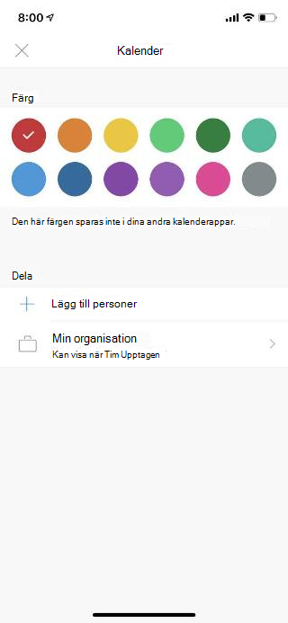 Visar en kalender på en mobilskärm. Under avsnittet Dela finns en länk med texten Lägg till People.