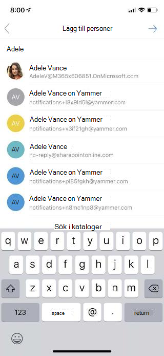 Visar en mobilskärm med Lägg till personer högst upp och en lista med personer nedan.