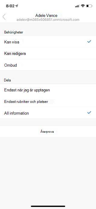 Visar en mobilskärm med namnet på en person högst upp, samt behörighetsalternativ och delningsalternativ i en lista nedan.