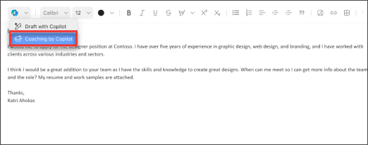Menyalternativ för Coaching av Copilot i Outlook för Mac