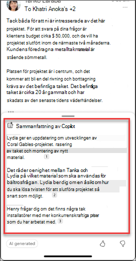 En e-postsammanfattning från Copilot i iOS och Android