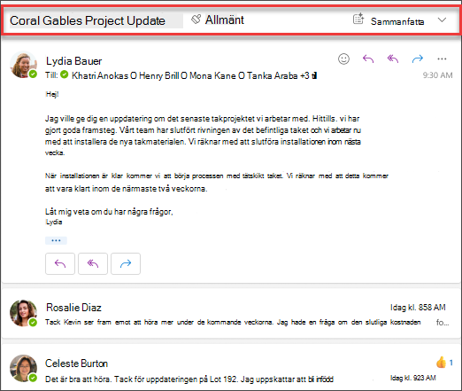 Klicka på Sammanfatta för att få en sammanfattning av e-posttråden av Copilot.