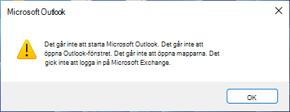 Felmeddelande om att Outlook inte kan startas
