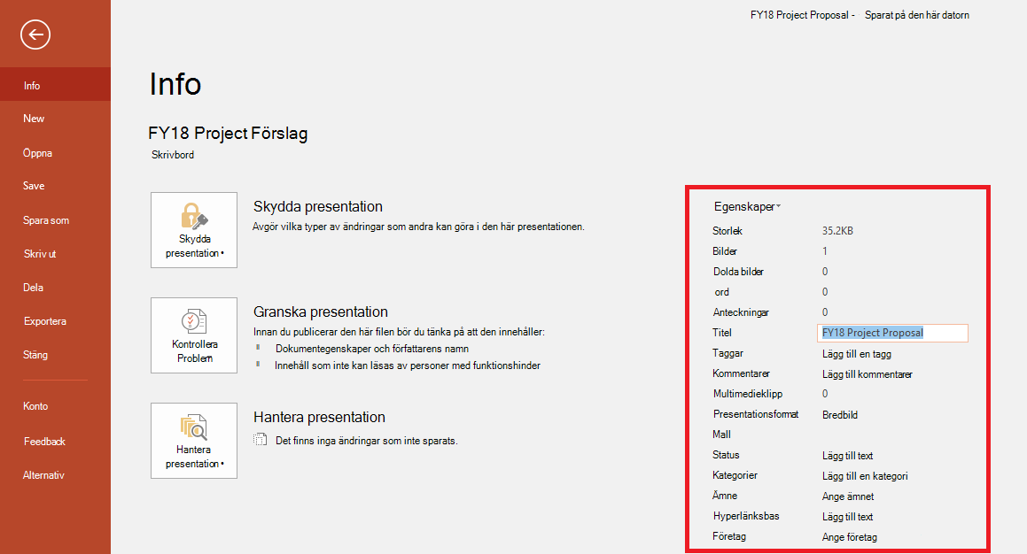 Office-dokumentegenskaper – fil > Panelen Info