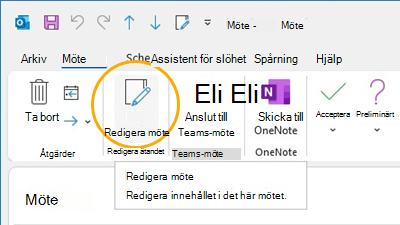 Knappen Redigera möte Anpassa menyfliksområdet i Outlook