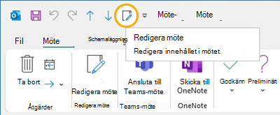 Knappen Redigera möte Verktygsfältet Snabbåtkomst i Outlook